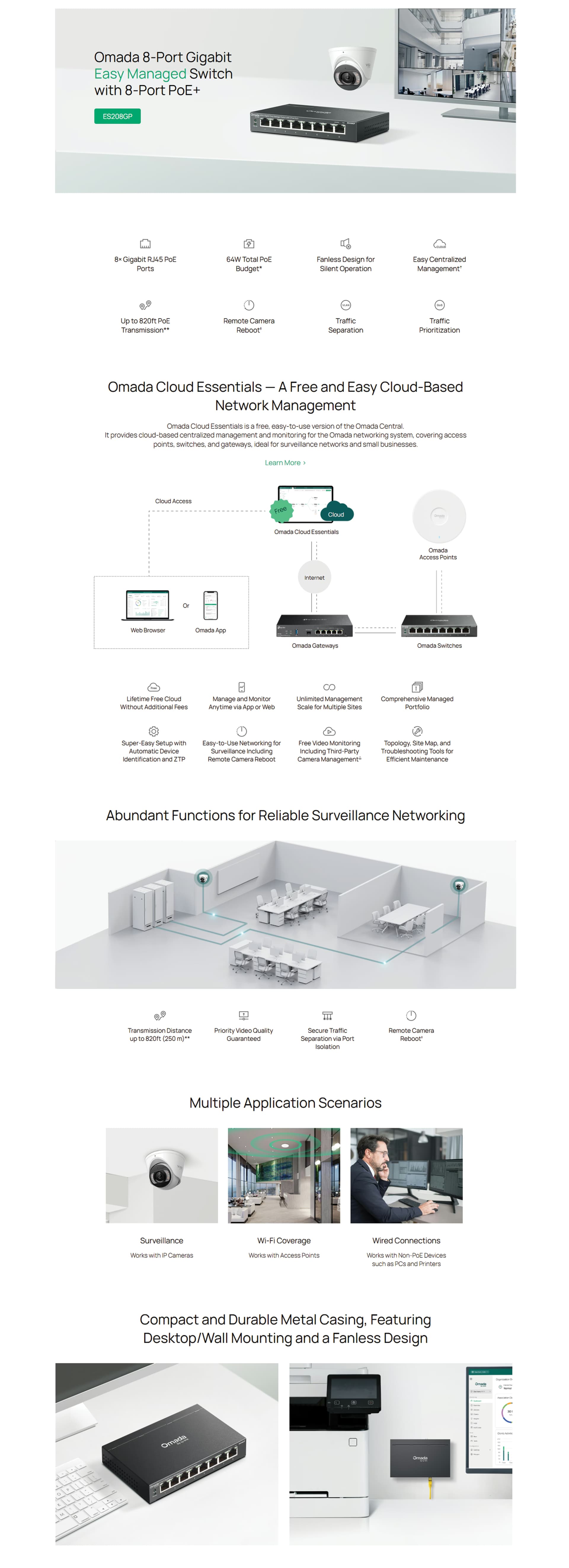 he ES208GP installed in a compact media cabinet, powering multiple IP cameras and a Wi-Fi access point.