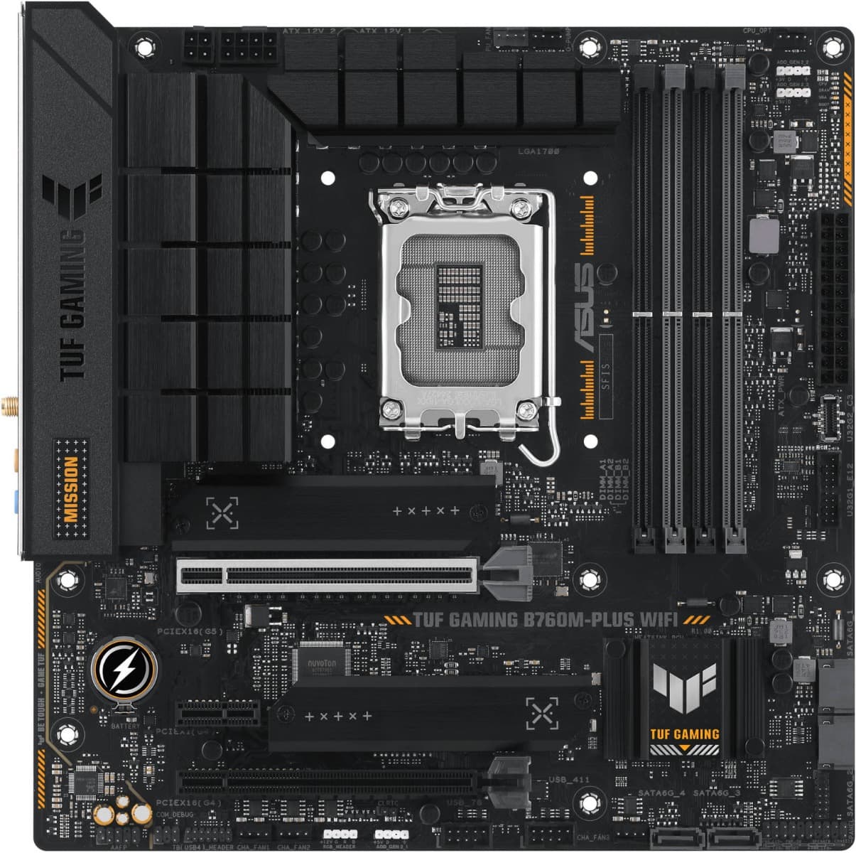 Asus ASUS TUF Gaming B760M-PLUS WIFI LGA1700 mATX Motherboard, 4x DDR5 DIMM /192GB Max Memory, Wi-Fi 6 / BT 5.2 / 2.5Gb ETH, PCIe 5.0, 2 x M.2, USB 3.2 Type-C / Thunderbolt, HDMI / DP | 90MB1ET0-M0EAY0 - product view 1 of 5
