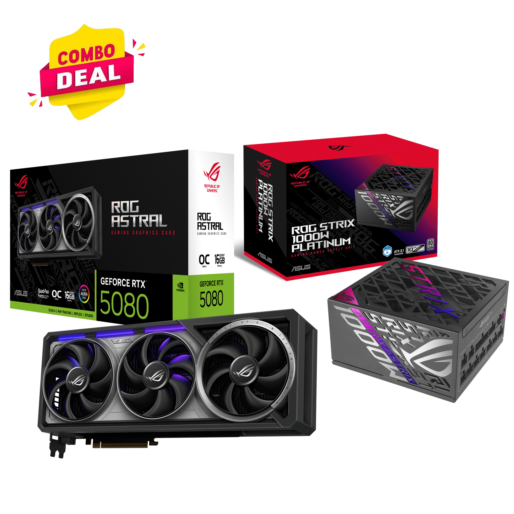 Asus ASUS ROG Ultimate Gaming Bundle: ROG Astral RTX 5080 16GB GDDR7 OC + ROG Strix 1000W Platinum ATX 3.1 PSU - product view 1 of 2