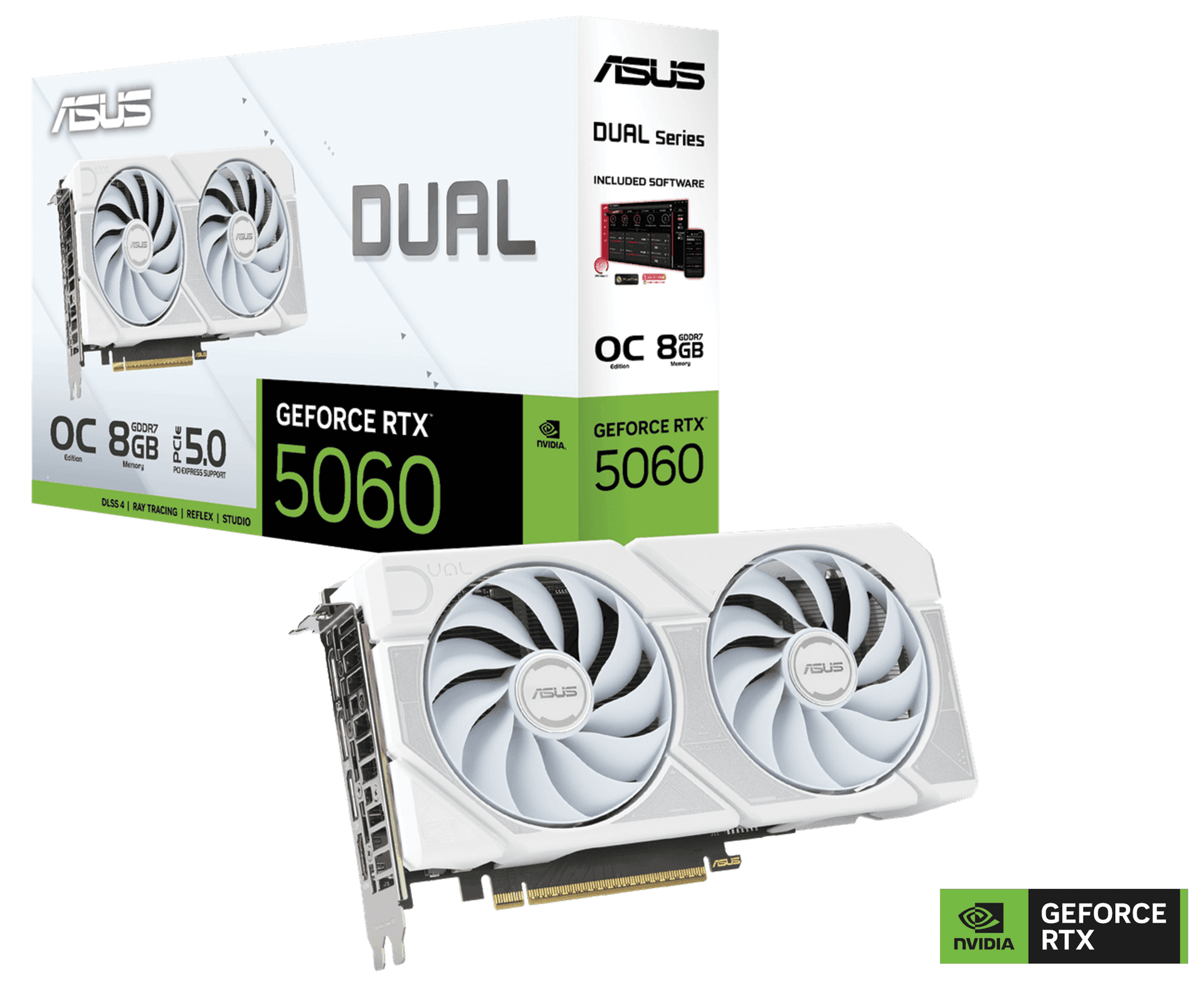 ASUS NVIDIA Dual GeForce RTX 5060 White OC Edition 8GB GDDR7 Graphics Card, 128-bit 28 Gbps, 623 AI TOPs, Blackwell Architecture | 90YV0N15-M0NA00 – Buy Online
