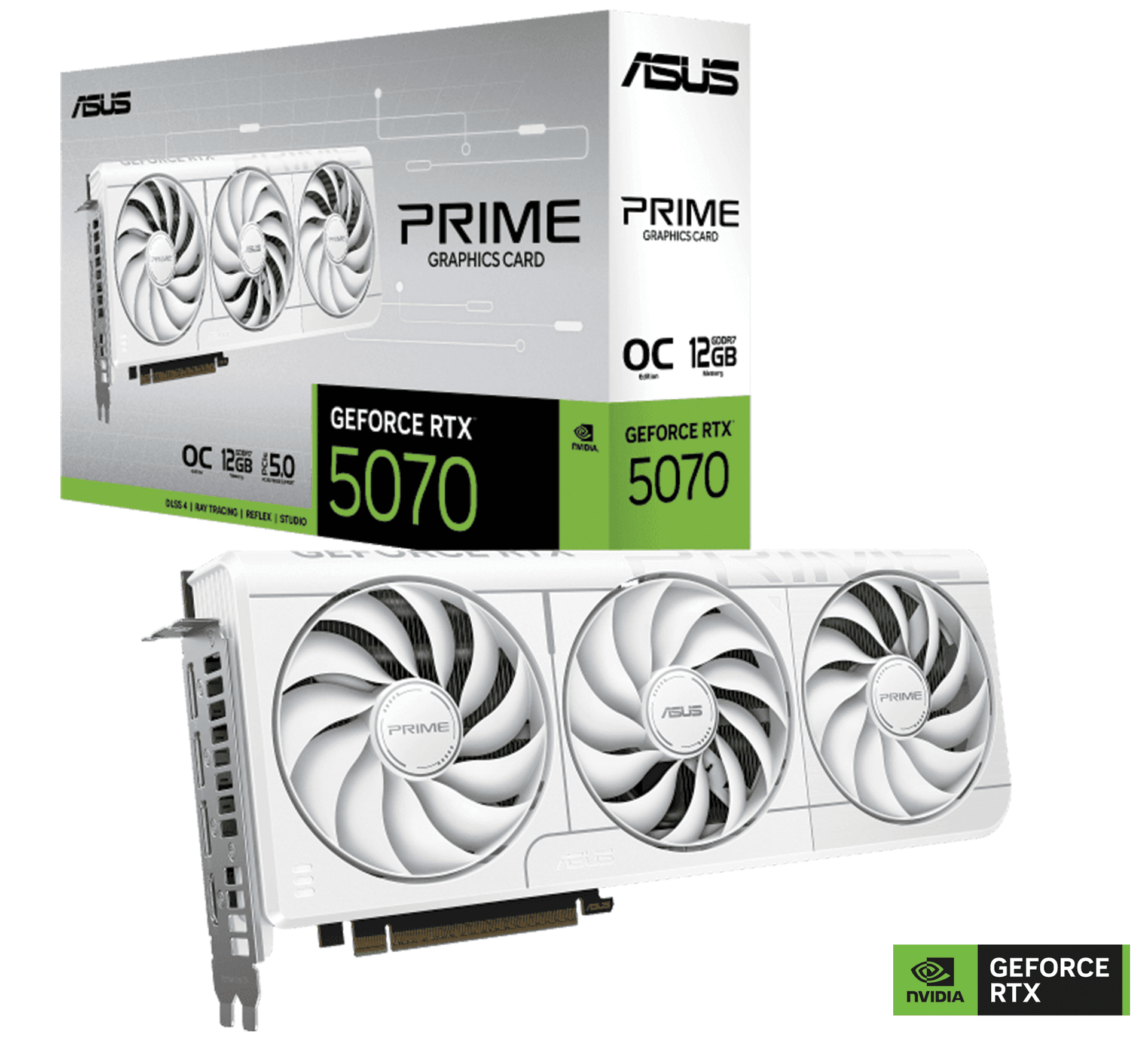 ASUS PRIME GeForce RTX 5070 White OC Edition 12GB GDDR7 Graphics Card, NVIDIA Blackwell Architecture Dual BIOS, Fifth-Gen Tensor Cores, MuseTree, SFF-Ready 2.5 Slot Design, AI Perfomance 1005 AI TOPS | 90YV0M19-M0NA00 – Buy Online