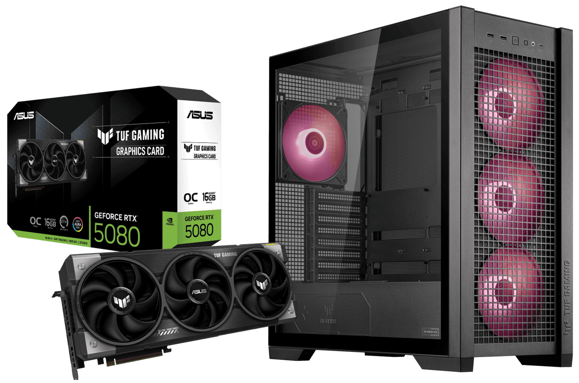 ASUS TUF Gaming RTX 5080 16GB OC Edition GDDR7 Graphics Card, ASUS TUF Gaming GT302 ARGB Mid-Tower Black Case, 4x 140mm Fans – Buy Online