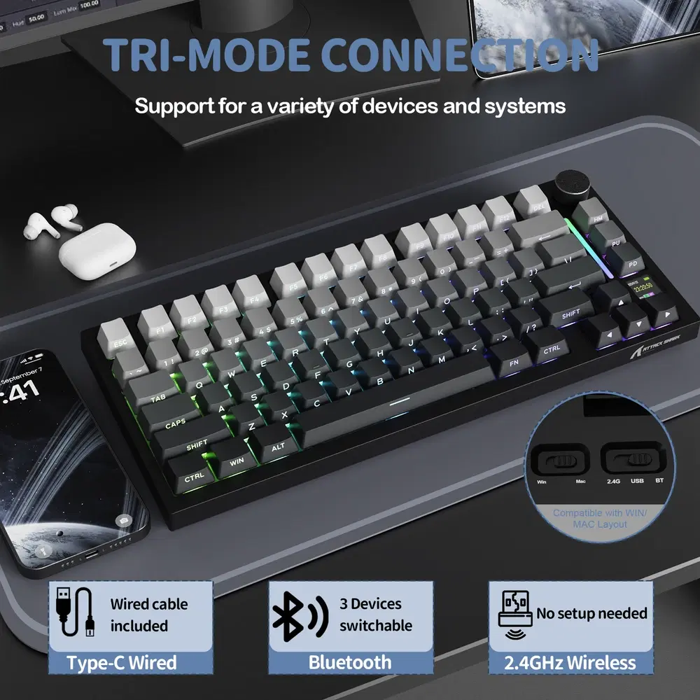 ATTACK SHARK ATTACK SHARK X820 Ultra RGB Tri-Mode Gasket MOON LIGHT Mechanical Keyboard, 75% Compact Layout, Smart Display & Knob, Gift Switches, Hot-Swappable | X820 Ultra - product view 2 of 5