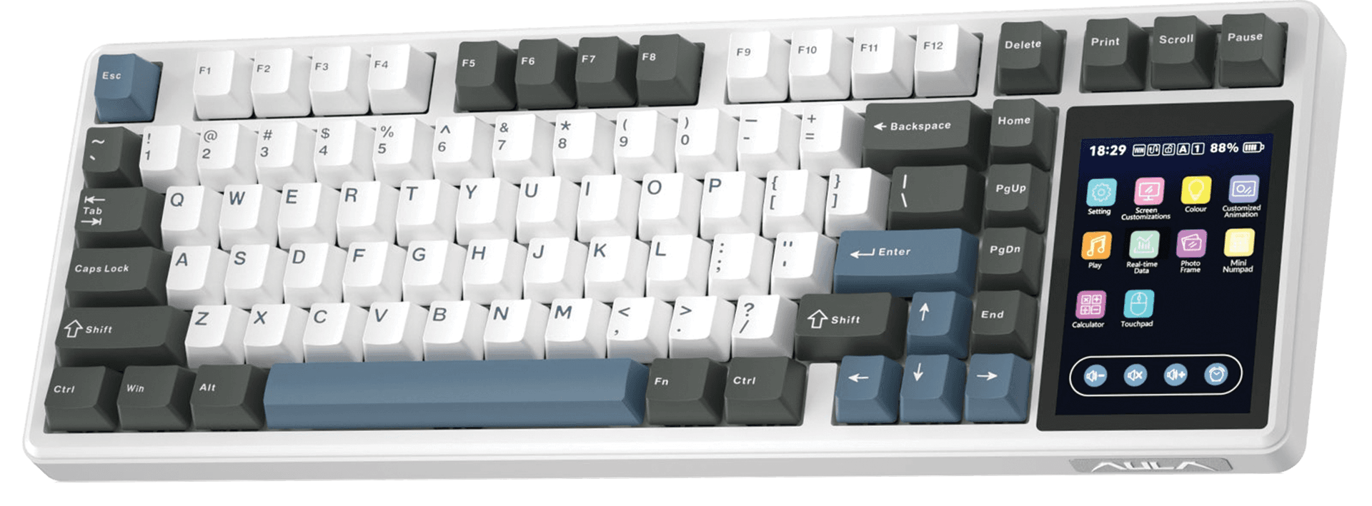 AULA Wind L99 Wireless Gaming Keyboard, 4-Inch IPS Touch Display, Silent Cotton Candy Switch, White Panel, 3-in-1 Hot-Swap, Tri-Mode Wireless, Dark Gray White Blue | L99 – Buy Online