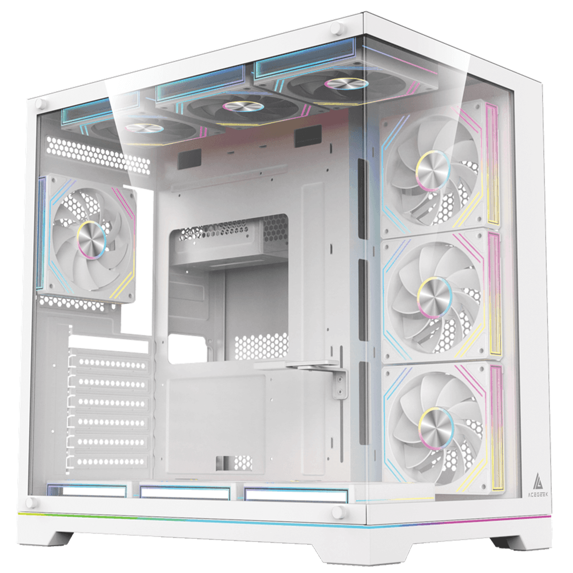 Acegeek Mercury R425X RGB Edition White ATX Gaming Case, Panoramic Dual-Chamber, Type-C, 7 Pre-Installed RGB Fans | AG-MERCURY-R425X RGB-WH – Buy Online