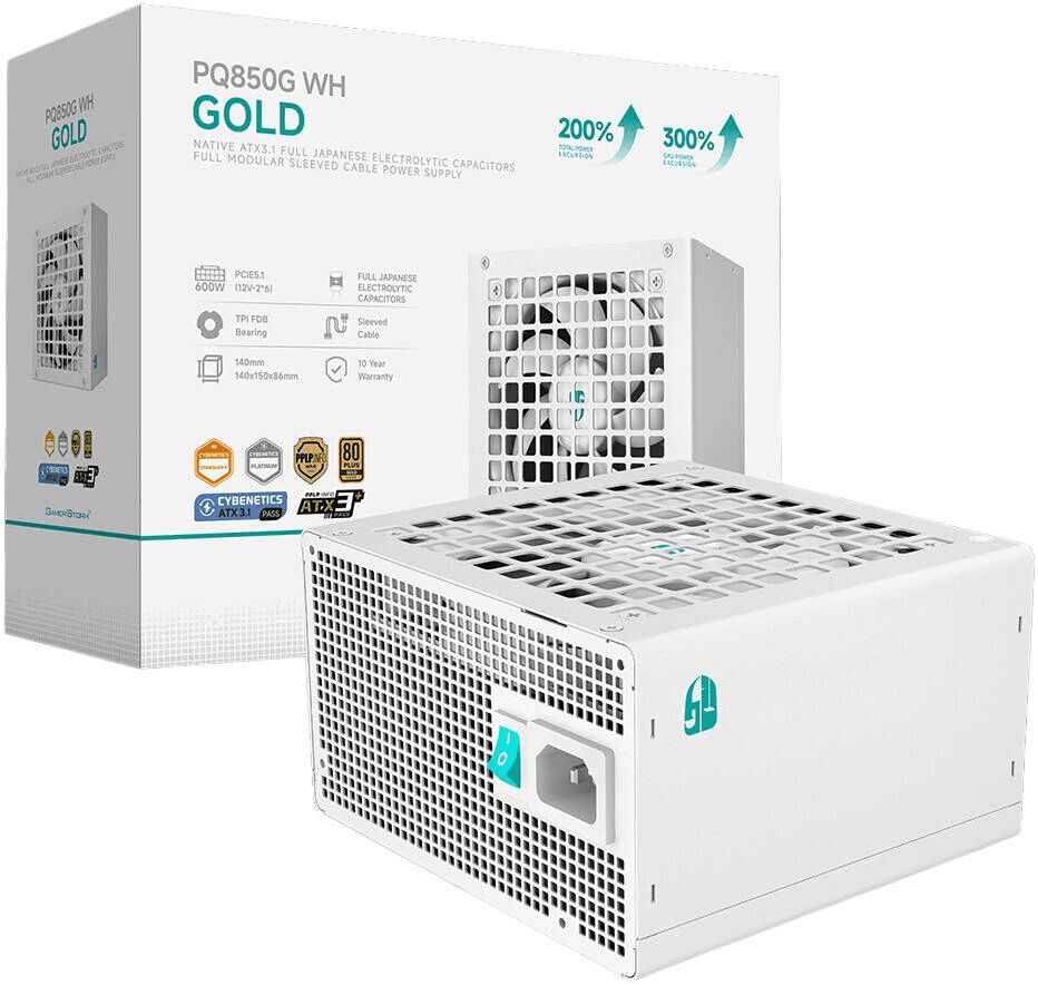 DeepCool PQ850G WH 850W 80 PLUS Gold & Cybenetics Platinum Fully Modular ATX 3.1 Power Supply, Native PCIe 5.1 12V-2x6 GPU Cable, 100% Japanese Electrolytic Capacitors, 120mm FDB Fan, All-White Sleeved Cables, White | R-PQ850G-FD1W-JGUK-V1 – Buy Online