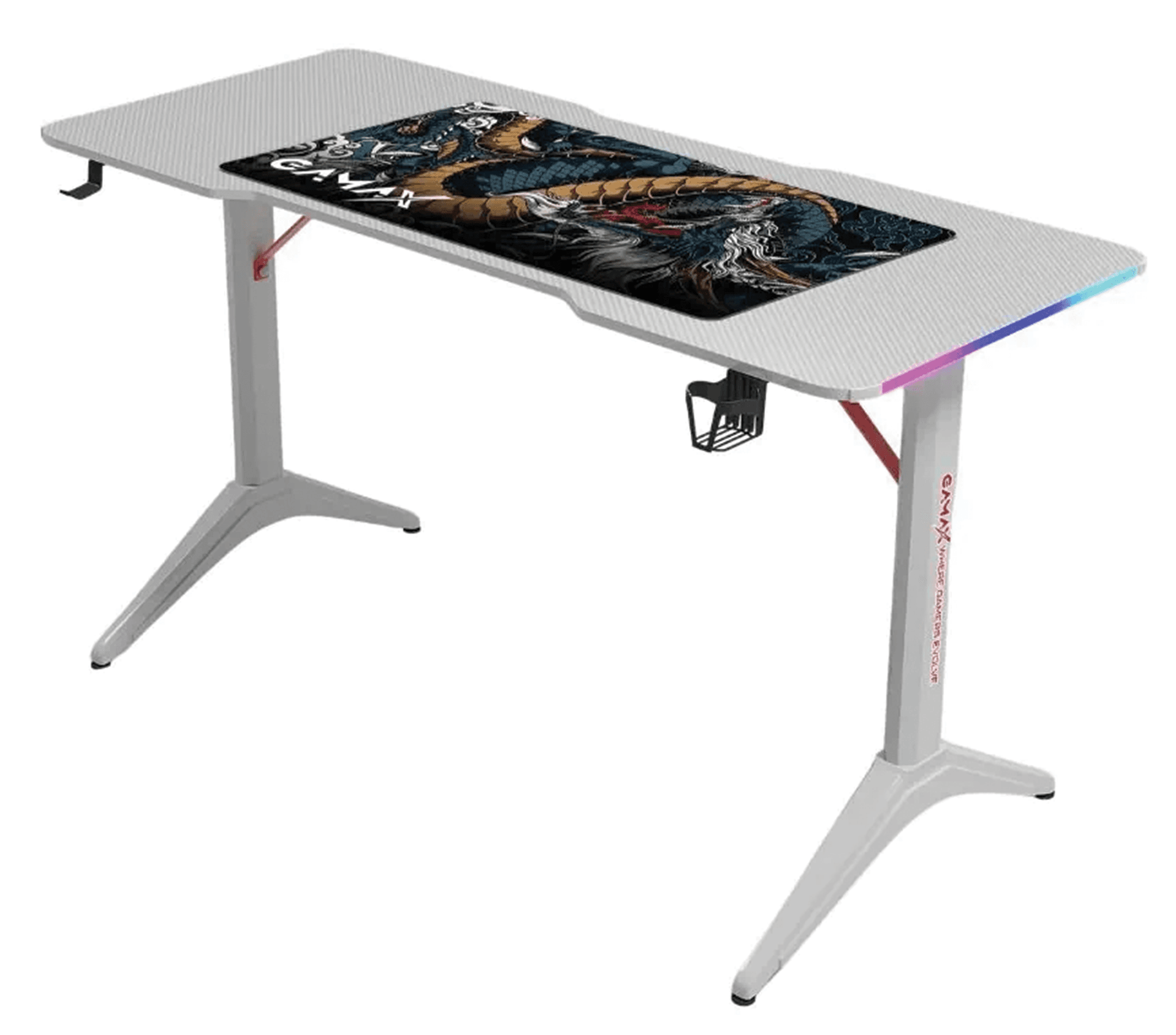 GAMAX D2408W Gaming Desk, RGB Carbon Fiber Surface, 140x60x74cm, Included Mousepad, Straight Design, White | D2408W – Buy Online