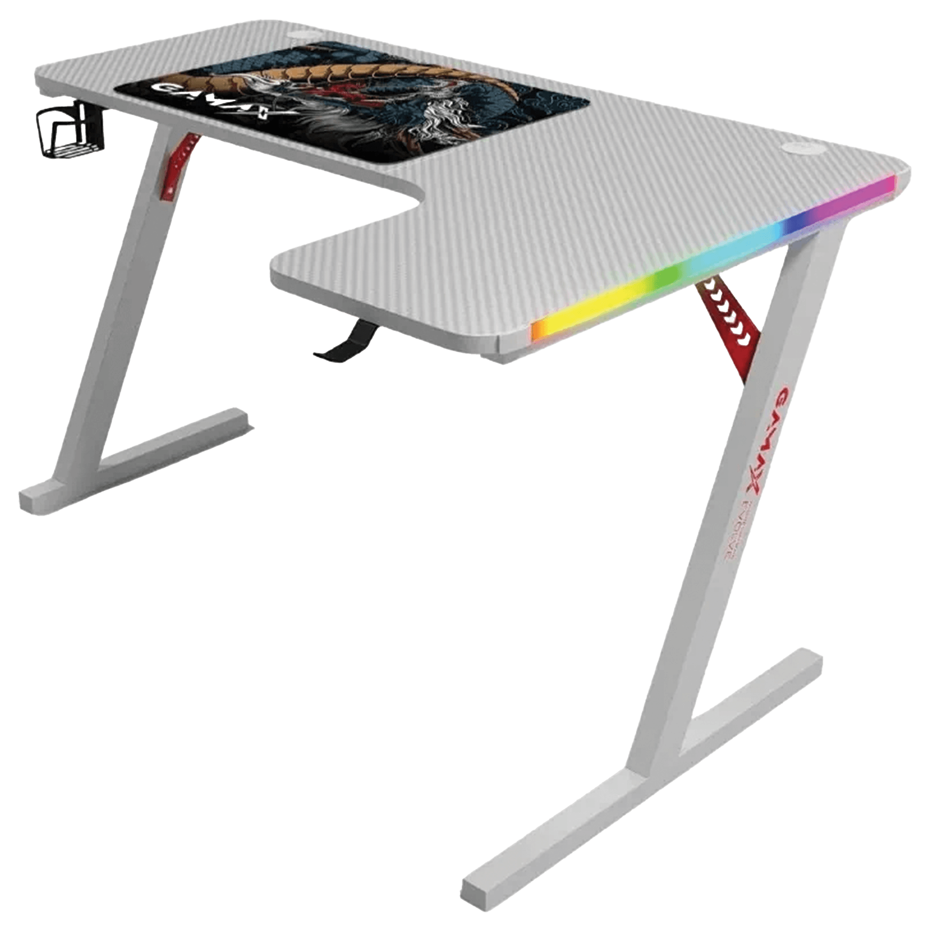 GAMAX P201-RW RGB Carbon Fiber L-Shaped Gaming Desk, 140 × 100 × 74 cm, Right Corner Design with RGB Lighting, Mouse Pad, Headphone Hook & Cup Holder, White | P201-RW – Buy Online