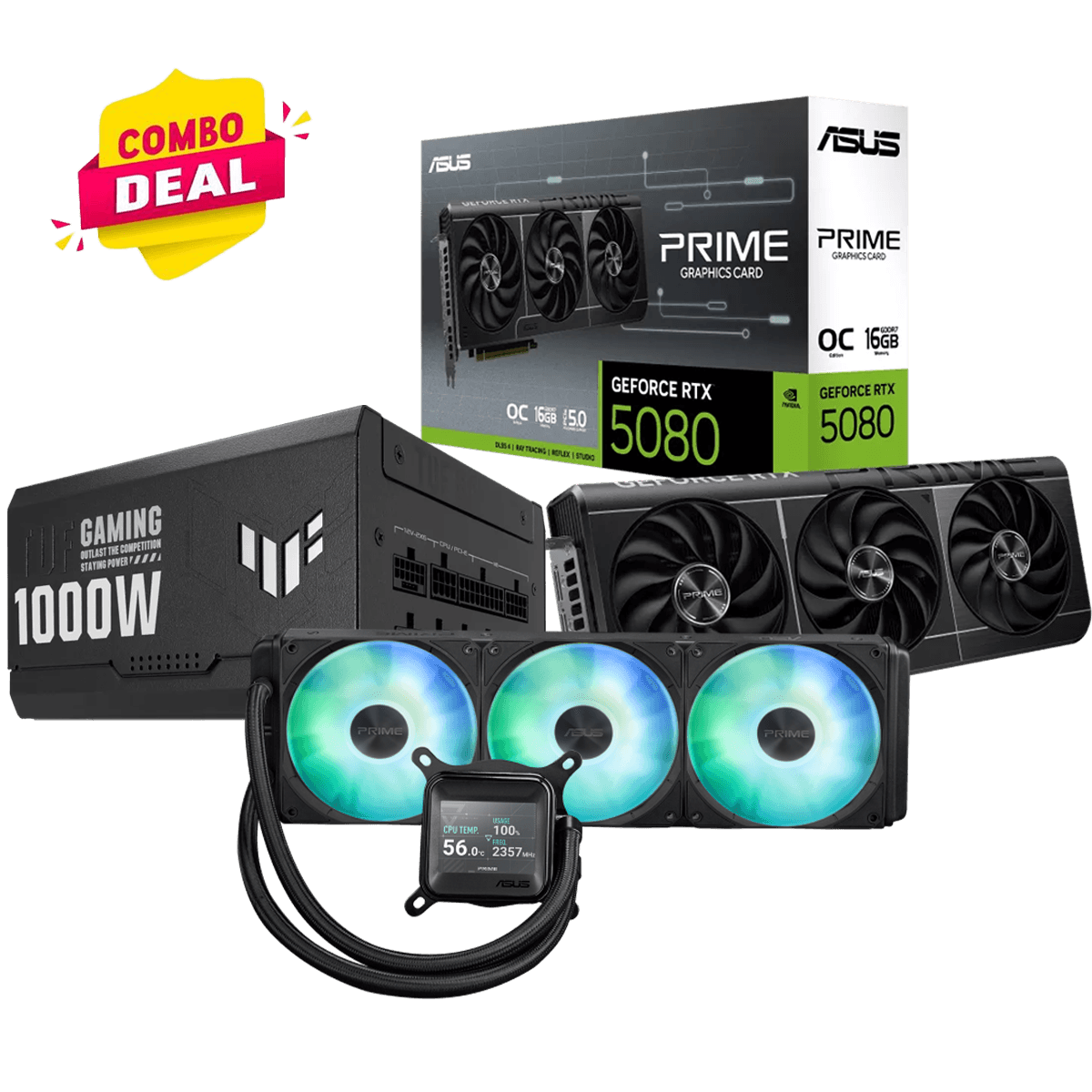 ASUS Ultimate Next-Gen Power Bundle, Prime RTX 5080 EVO OC 16GB GDDR7 + Prime LC 360 ARGB LCD Cooler + TUF Gaming 1000W Gold PSU – Buy Online