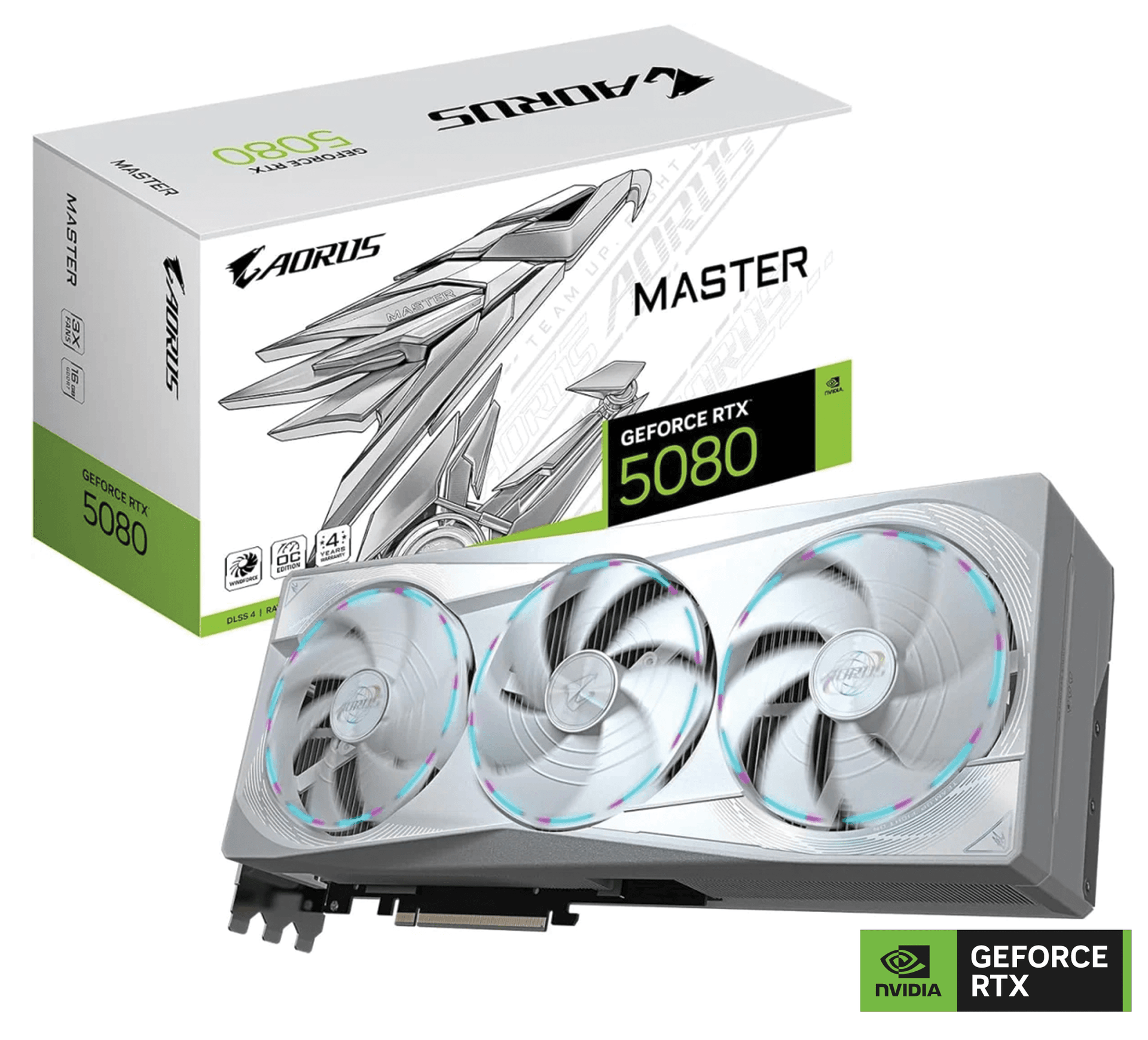 GIGABYTE AORUS RTX 5080 MASTER ICE Gaming Graphic Card, 16GB GDDR7, WINDFORCE 3 Fan Cooling, PCIe 5.0, AI-Ready, RGB Fusion, White | GV-N5080AORUSM ICE-16GD – Buy Online