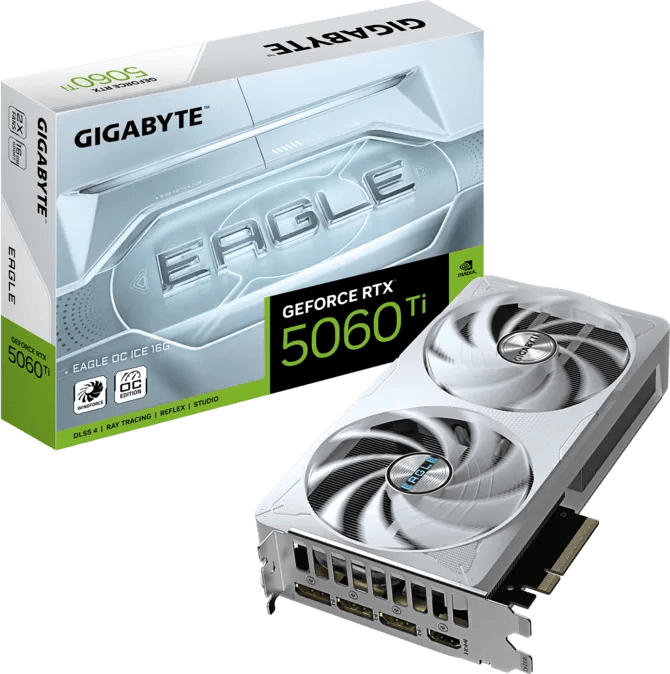 GIGABYTE GeForce RTX 5060 Ti EAGLE OC ICE 16G Graphics Card, 16GB GDDR7, WINDFORCE 2-Fan, DLSS 5, 128bit memory interface, White Edition | GV-N506TEAGLEOC ICE-16GD – Buy Online