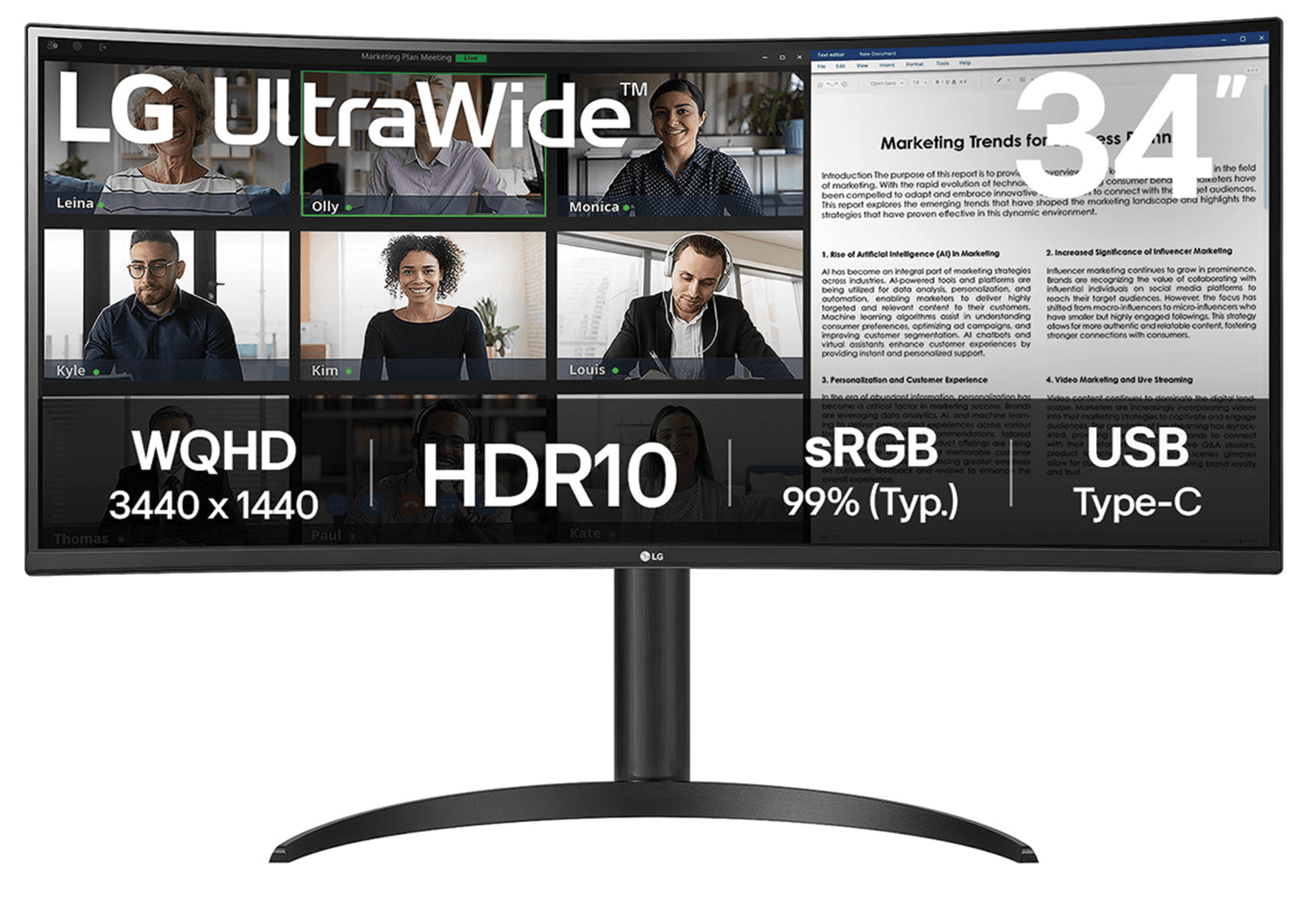 LG 34WR55QK-B 34" Curved UltraWide WQHD Monitor, 100Hz, 3440 x 1440, HDR10, USB-C 65W PD | 34WR55QK-B – Buy Online