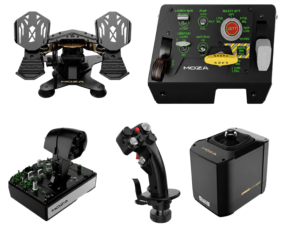 MOZA Flight Bundle AB9, AS001 AB9 12Nm Force Feedback Base, MH16 Flightstick Grip, AS008 MTP Throttle, AS019 MRP Rudder Pedals & AS009 MTLP Take-off Landing Panel, Complete PC Flight Simulation Cockpit – Buy Online