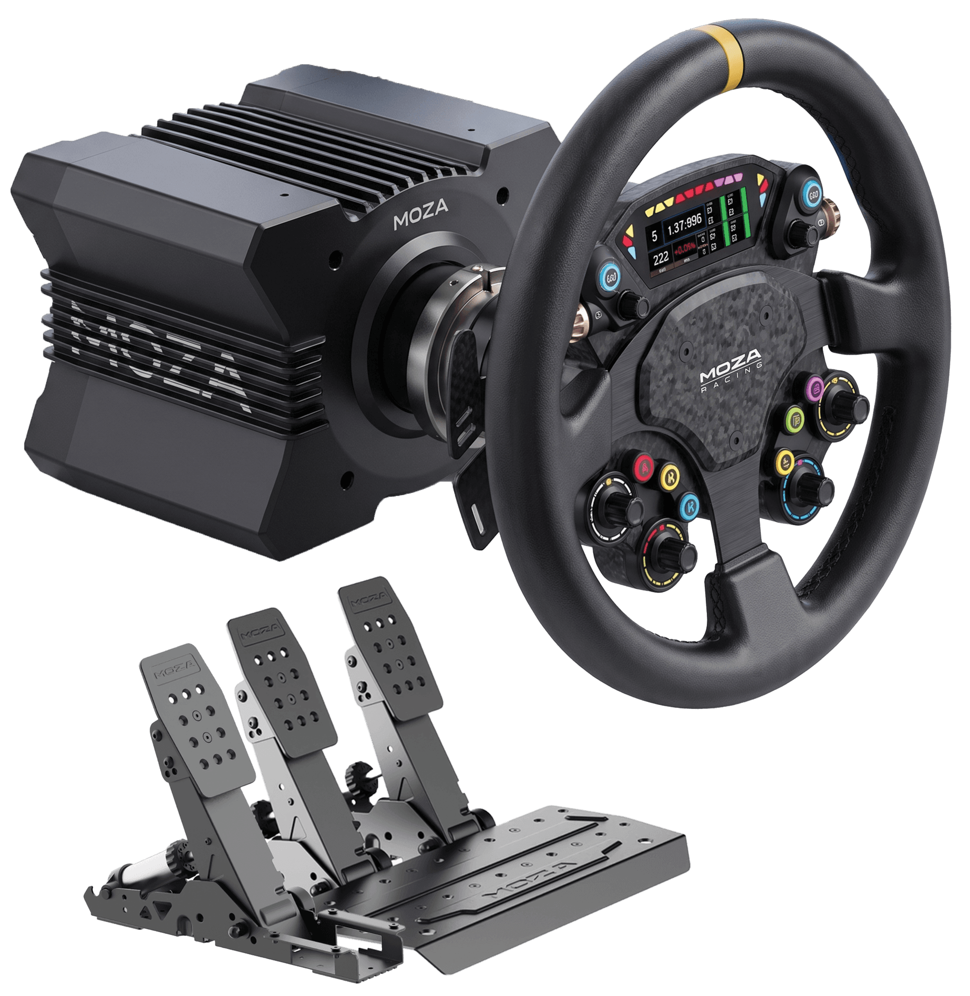 MOZA R12 V2 Sim Racing Bundle, RS081 12Nm Direct Drive Wheel Base, RS093 CS Pro Steering Wheel, RS098 SRP2 Racing Pedals & RS099 SRP2 Clutch Pedal, Complete 3-Pedal Sim Racing Setup – Buy Online