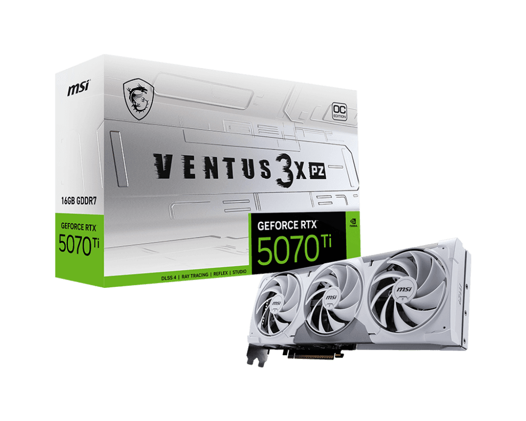 MSI GeForce RTX 5070 Ti 16G VENTUS 3X PZ OC White Graphics Card, 16GB GDDR7, 8960 CUDA Cores, PCIe 5.0, Zero-Trace Power Path, 303mm SFF-Ready | 912-V531-636 – Buy Online