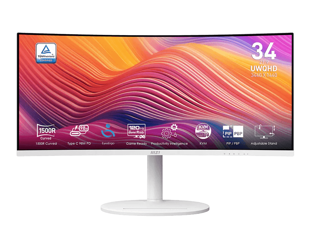 MSI Modern MD342CQPW 34" White Ultrawide Curved Monitor, 120Hz, 1ms, UWQHD (3440 x 1440), USB-C 98W PD | 9S6-3PC59H-020 – Buy Online