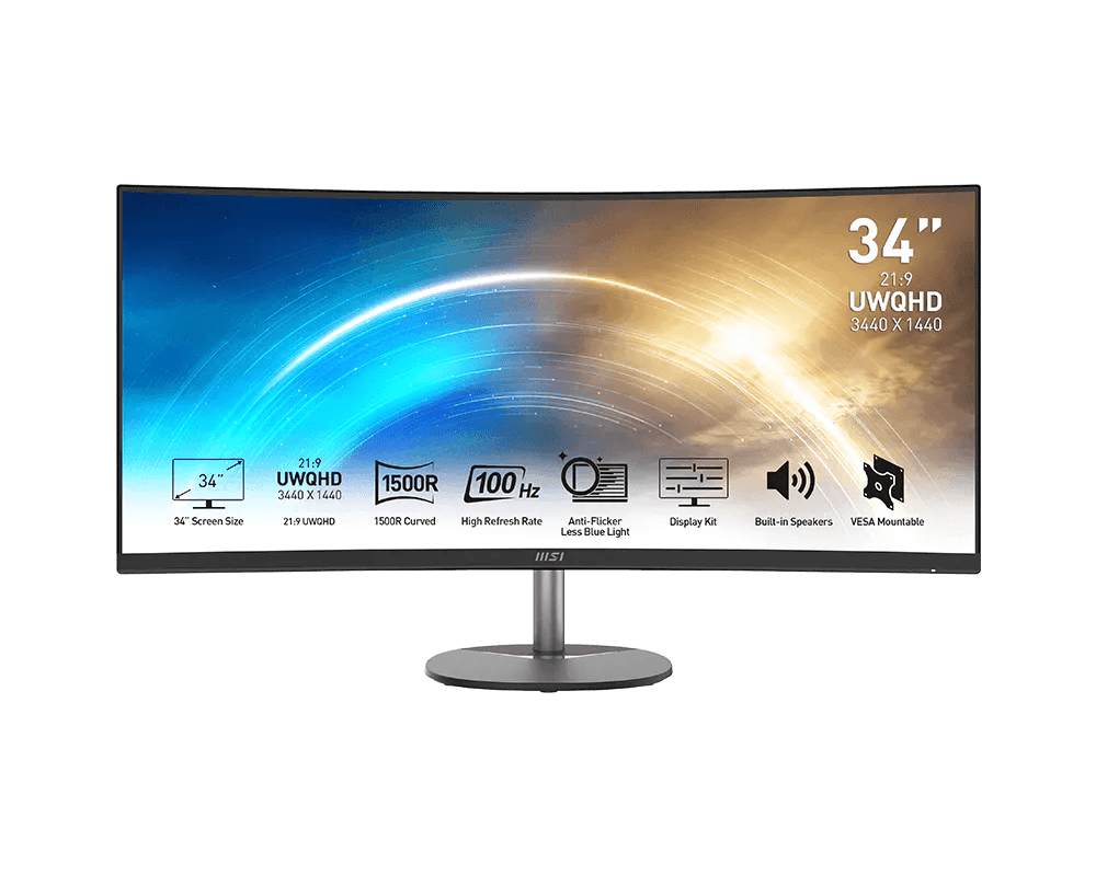 MSI PRO MP341CQ 34" Ultrawide Curved Business Monitor, UWQHD (3440 x 1440), 100Hz, 1ms, Built-in Speakers | 9S6-3PB2CT-074 – Buy Online