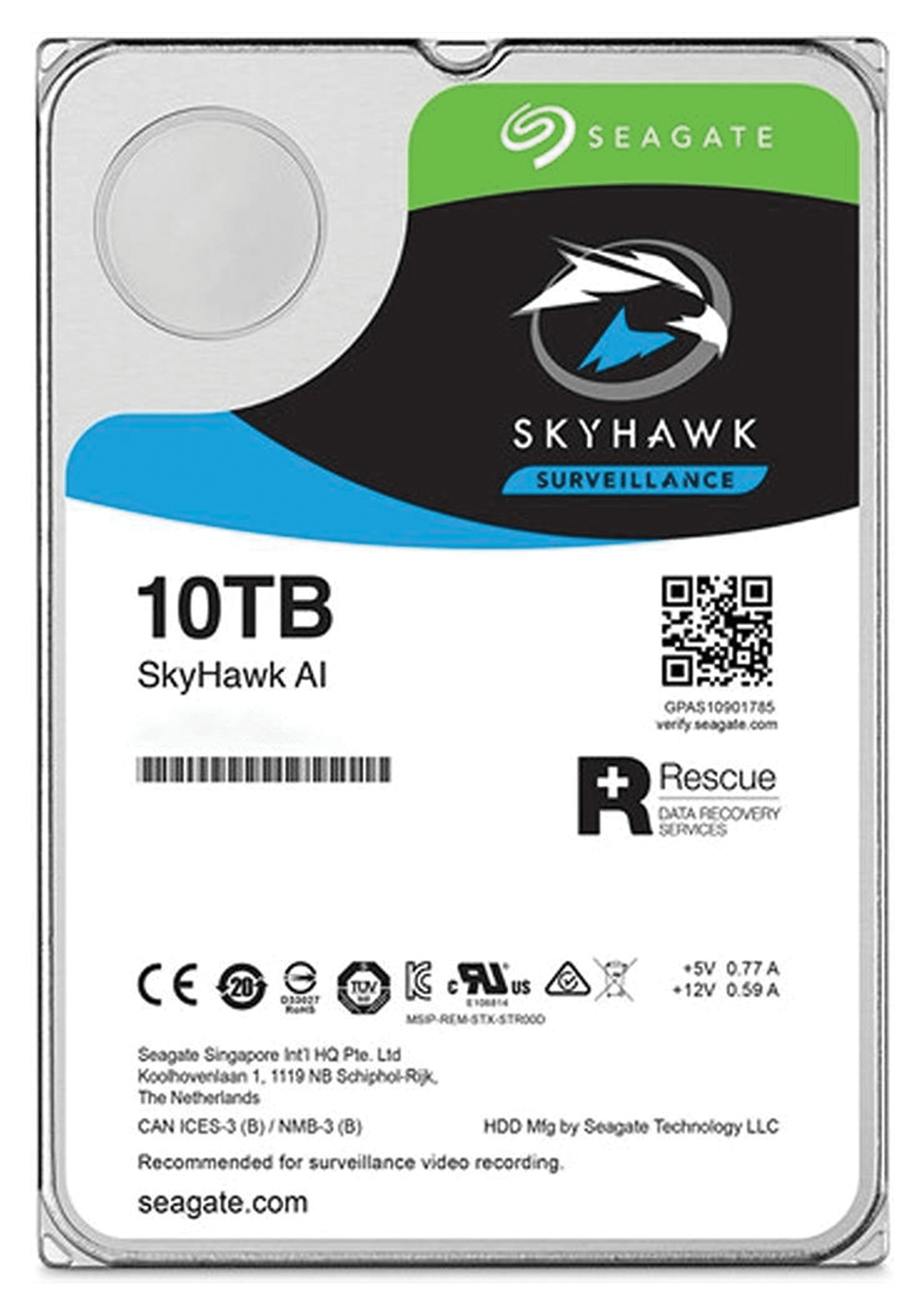 Seagate 10TB SkyHawk AI 7200 Rpm 3.5" Internal Surveillance HDD (Retail), SATA III 6 Gb/s Interface, 256MB Cache Memory, 245 MB/s Max Sustained Transfer Rate, 2 Million Hours MTBF | ST10000VE001 – Buy Online