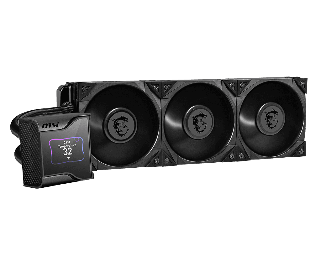 MSI MEG CORELIQUID S360 AIO Cooler With LCD, 360mm Radiator, 2.4" IPS Display, Asetek 7th Gen Pump 2800 +/-300 RPM, 3x 120mm MEG SILENT GALE P12 Fans, 56.2 CFM Air Flow, Hydro-Dynamic Bearing, Supports Socket TR4 / sTRX4 / SP3,  Black | 936-6A0521-005