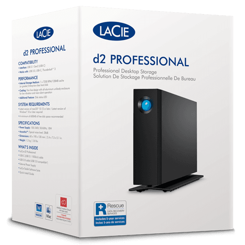 Lacie LaCie d2 Professional 18TB External HDD, 7200 RPM Disk Speed, Rescue Data Recovery Services, Speeds of up to 260 MB/s, For Mac And PC Desktop, 1 Month Adobe CC, USB-C / USB 3.1, Black | STHA18000800 - product view 2 of 5