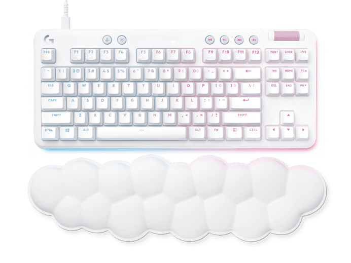 Logitech Logitech G713 TKL Wired RGB Mechanical Gaming Keyboard, with Cloud-soft Palm Rest, RGB Mechanical switches, Double-shot PBT keycaps, Brightness control, With volume roller, White | 920-010422 - product view 3 of 4