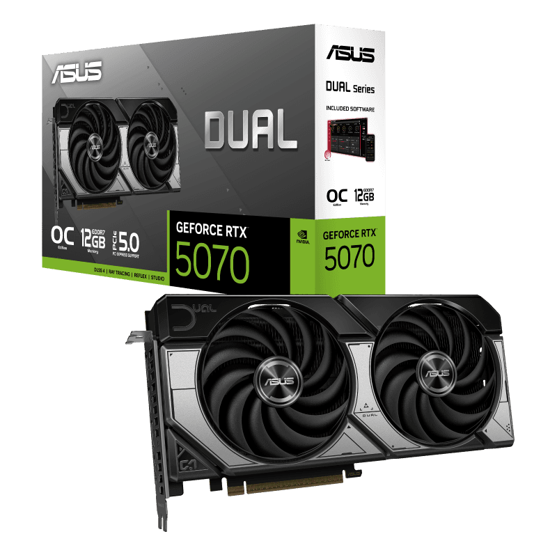 Asus ASUS Dual GeForce RTX 5070 12GB GDDR7 OC Edition Graphics Card, 192-bit 28 Gbps, 6144 CUDA Core, Dual BIOS, NVIDIA Blackwell Architecture | 90YV0M17-M0NA00 - product view 1 of 8