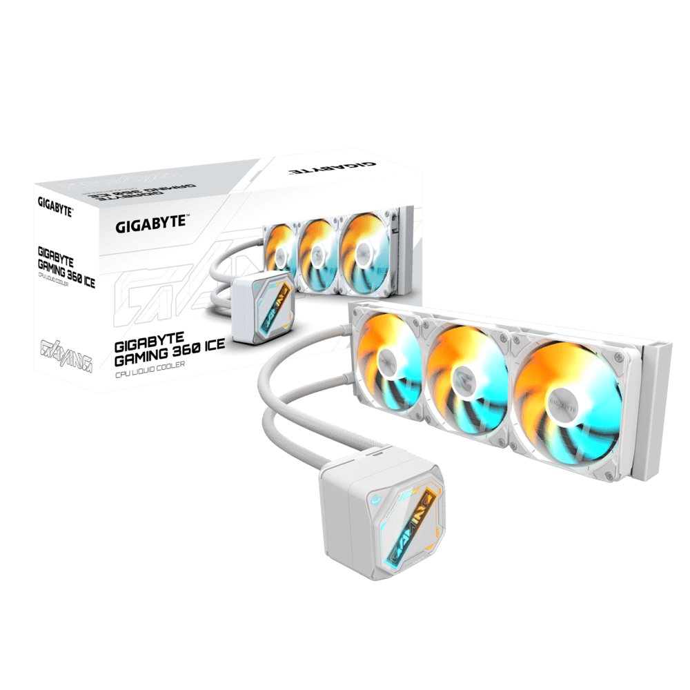 GIGABYTE GAMING 360 ICE White Liquid CPU Cooler, 360mm Radiator, 3x 120mm ARGB Fan, 4500 RPM +/-10% Pump Speed, 61.61 CFM Max Airflow, FEP Tube with Nylon Sleeve, White | GP-GIGABYTE GME 360I