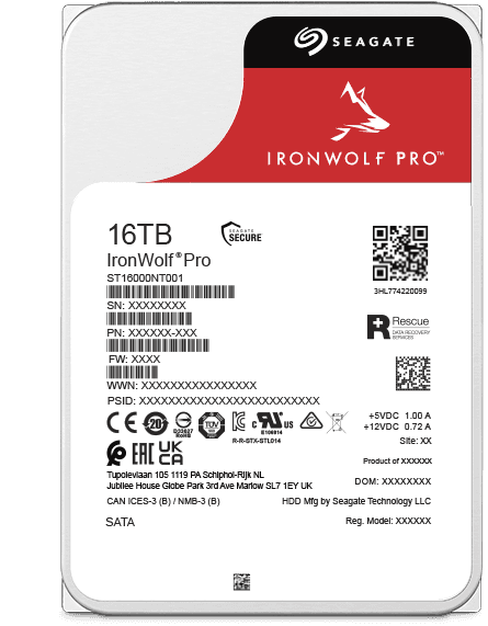 Seagate Seagate 16TB IronWolf Pro SATA III 3.5" Internal NAS HDD, Up to 270 MB/s Data Transfer Rate, 7200 rpm, 256MB Cache, 2.5Mn Hours MTBF, 550TB / Year Workload Rate, Rescue Data Recovery | ST16000NT001 - product view 1 of 1