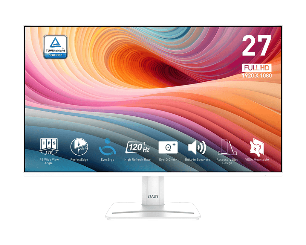 MSI PRO MP275W E2 Business Productivity 27-inch Monitor, IPS Display, FHD Resolution, 120Hz, 1ms (MPRT), Anti-glare, Built in Speaker, HDMI, VGA, DP, White | 9S6-3PD3CM-050