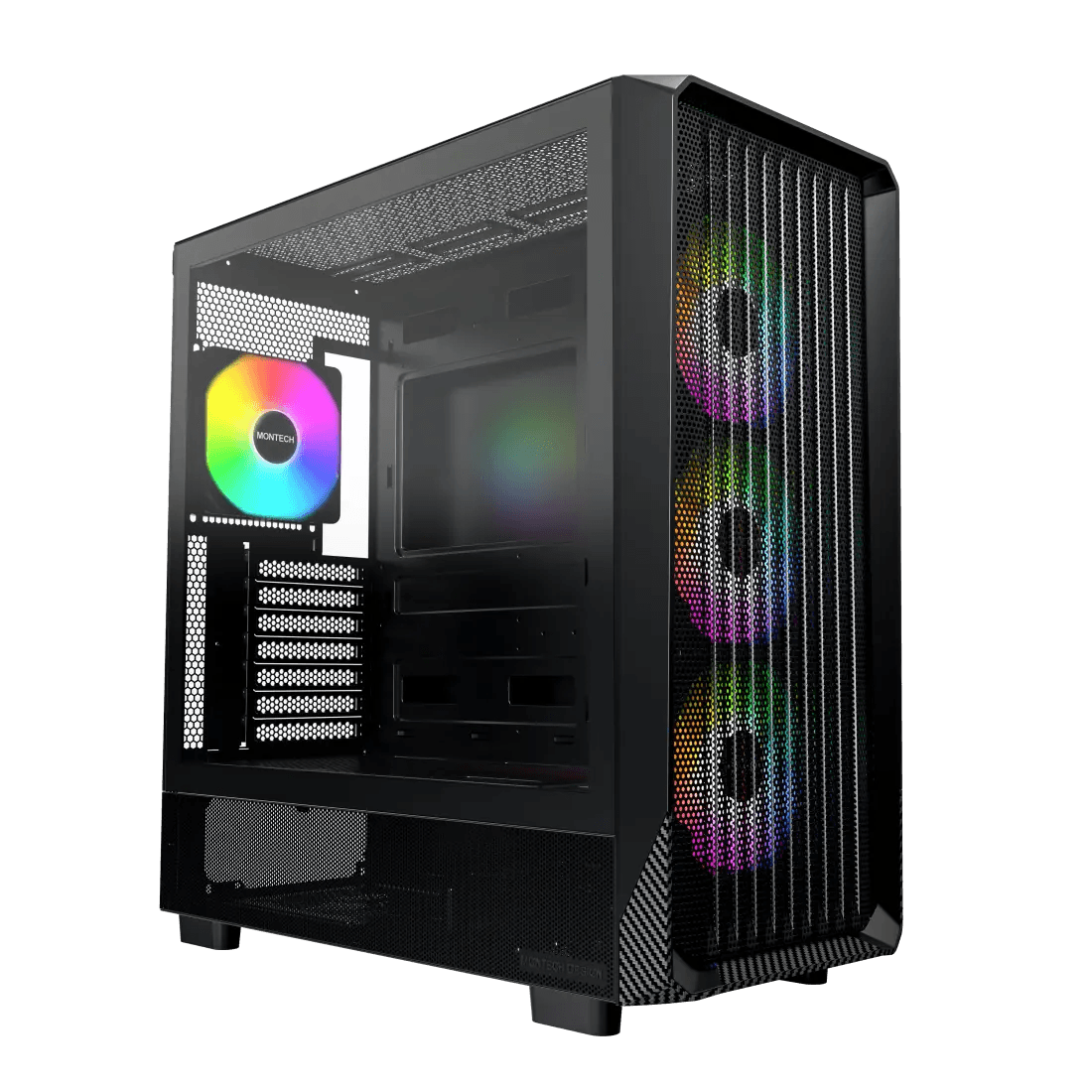 Montech MONTECH X5 ATX Mid-Tower Gaming PC Case, High Airflow, 3X 140mm and 1x 120mm ARGB Fans Pre-Installed, Glass Side Panel, Carbon Print Accents, GPU Holder Included - product view 1 of 6