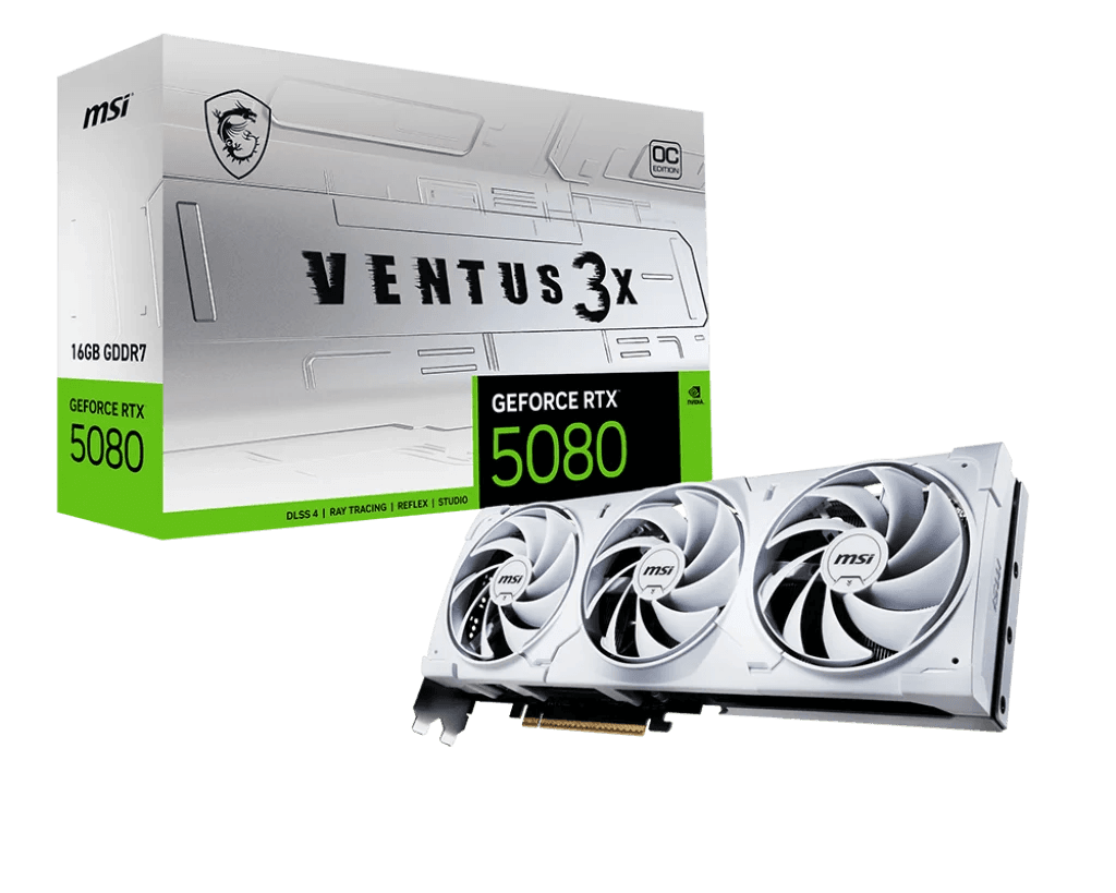MSI NVIDIA GeForce RTX 5080 16G VENTUS 3X OC WHITE Graphics Card, 16GB GDDR7, 30 Gbps 256-bit, 10752 Units CUDA CORES, DLSS 4 | 912-V531-202 – Buy Online