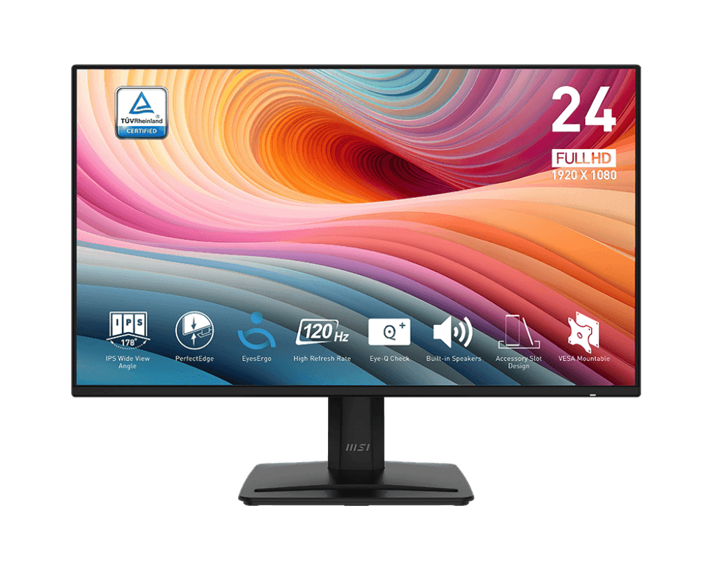MSI PRO MP242A E2 Business Productivity 24-inch Monitor, IPS Panel, 23.8"-inch 1920 x 1080 (FHD), 120Hz Refresh Rate, 1ms (MPRT) Response Time, Two built-in speakers, HDMI, DisplayPort and D-Sub(VGA) ports | 9S6-3PD1CT-005
