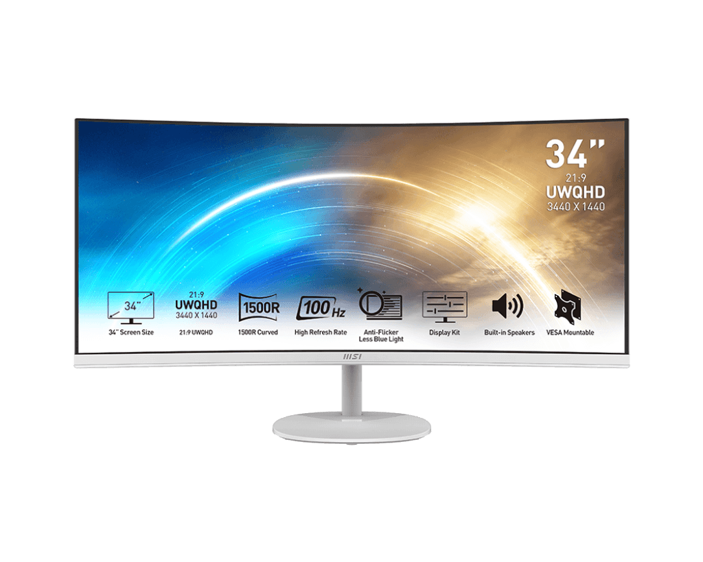 MSI PRO MP341CQW 34-inch Business Productivity White Curved Monitor, 2K 3440 x 1440 (UWQHD) VA Panel, 100Hz, 4ms (GTG Min.) / 1ms MPRT, 1500R, 2x Inbuilt Speaker, HDMI, DP |