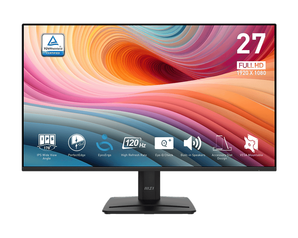 MSI PRO MP275 E2 27-inch IPS 1920 x 1080 (FHD) Gaming and Office Monitor, 120Hz, Free-Synch, HDMI, DisplayPort, VGA Port, VESA Mountable, Tilt, Speaker, 4-Side Slim Bezel 1ms, Black 9S6-3PD3CM-0519S6-3PD3CM-051 – Buy Online