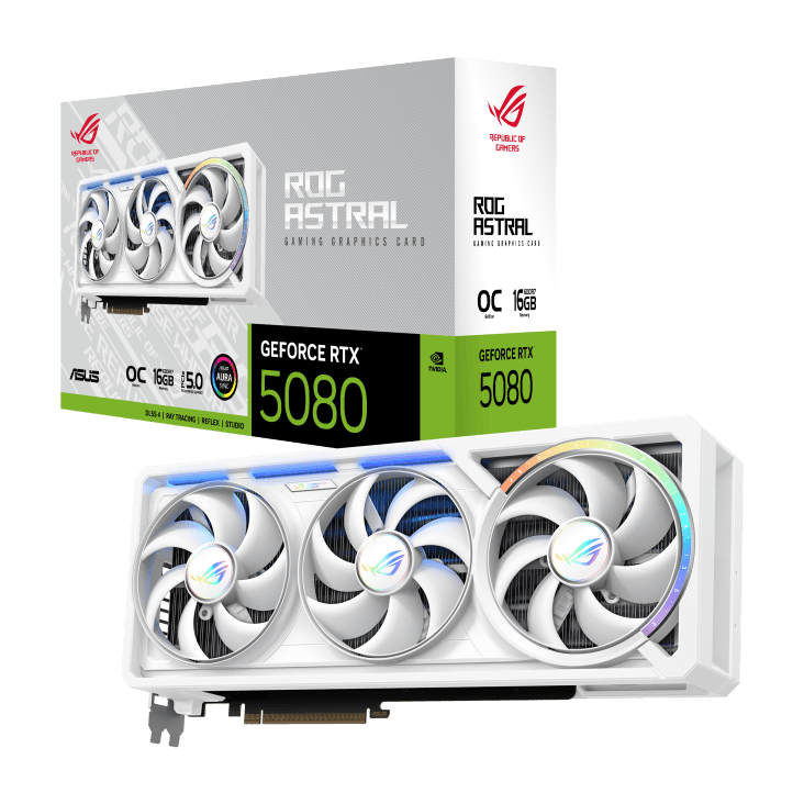 ASUS ROG Astral NVIDIA GeForce RTX 5080 16GB GDDR7 WHITE OC Edition Graphics Card, 256-bit 30 Gbps, 10752 CUDA Core, 1899 AI TOPS, Quad-Fan Force | 90YV0LV4-M0NA00 – Buy Online
