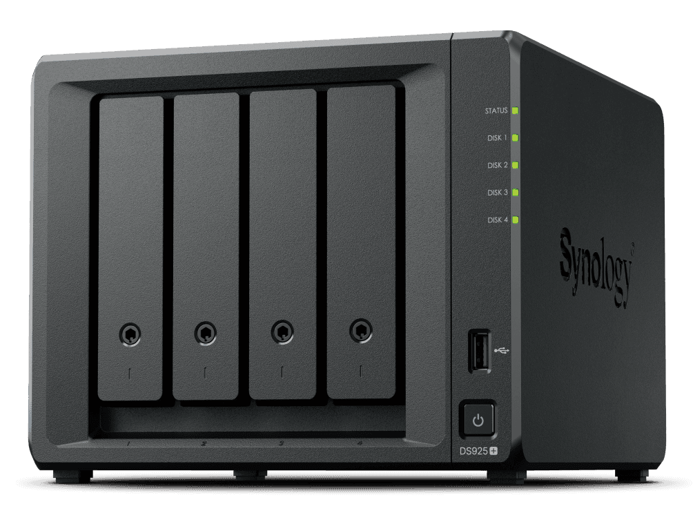 Synology DiskStation DS925+ 4-Bay NAS Enclosure, AMD Ryzen V1500B 2.2 GHz 2.2 GHz, 4GB DDR4 ECC SODIMM Upto 32 GB (16 GB x 2), 4x Drive Bays, 2x NVMe M.2 Slots, RJ-45, USB 3.2, USB Type-C – Buy Online