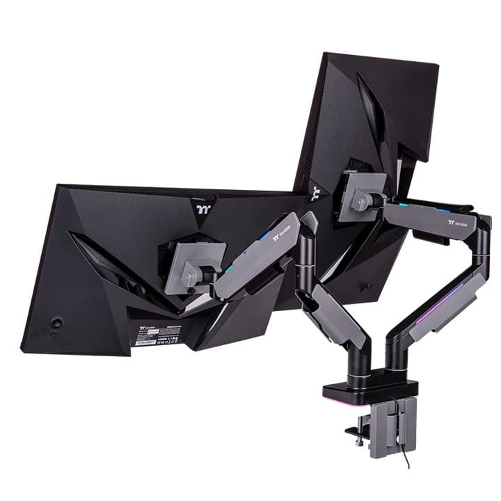 Thermaltake Dual Heavy Duty RGB Monitor Arm for up to 2 x 35 inchs SUPPORT 2 x 20kg Screen, 100 x 100 mm VESA Compatible, Wide Rage Movements, Gray | GEA-MSR-DMSBLK-01 – Buy Online