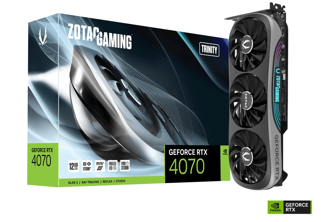 ZOTAC ZOTAC GAMING GeForce RTX 4070 Trinity Graphics Card, 12GB GDDR6X 192-bit Memory, 2475 MHz Boost Clock, 21 Gbps Memory Clock, 5888 CUDA Cores, PCI E 4, 3 x DisplayPort 1.4a / 1 x HDMI | ZT-D40700D-10P - product view 3 of 7
