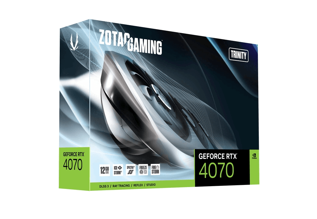 ZOTAC ZOTAC GAMING GeForce RTX 4070 Trinity Graphics Card, 12GB GDDR6X 192-bit Memory, 2475 MHz Boost Clock, 21 Gbps Memory Clock, 5888 CUDA Cores, PCI E 4, 3 x DisplayPort 1.4a / 1 x HDMI | ZT-D40700D-10P - product view 2 of 7
