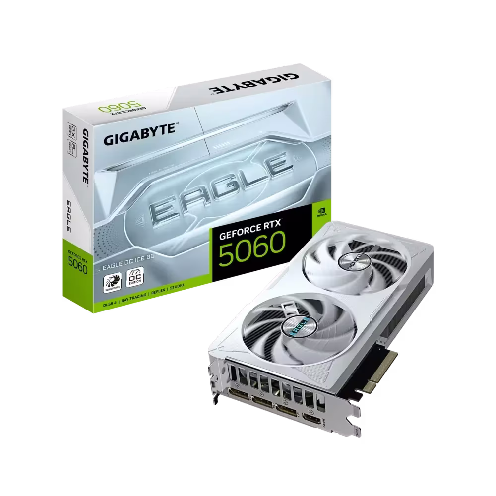 GIGABYTE GeForce RTX 5060 EAGLE OC ICE Graphics Card, 8GB GDDR7 128-Bit Memory, 2497 MHz Core Clock, 28 Gbps Memory Clock, 3840 CUDA Cores, PCI Express 5.0, White | GV-N5060EAGLEOC ICE-8GD – Buy Online
