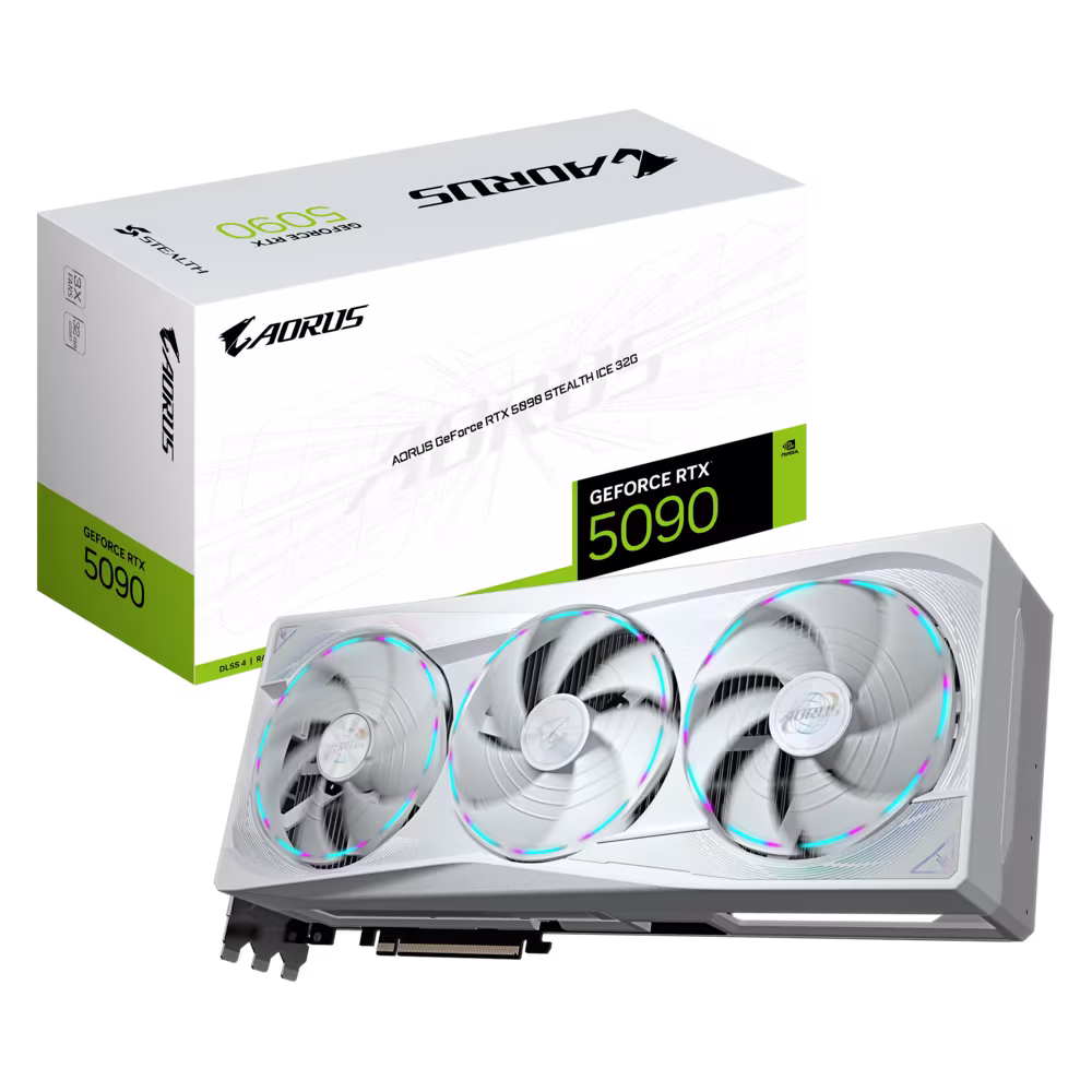 AORUS GeForce RTX 5090 STEALTH ICE 32G Graphics Card, 32GB GDDR7, 28 Gbps 512 bit, NVIDIA Blackwell & DLSS 4, WINDFORCE Cooling, PCI-E 5.0 | GV-N5090AORUSST ICE-32GD – Buy Online