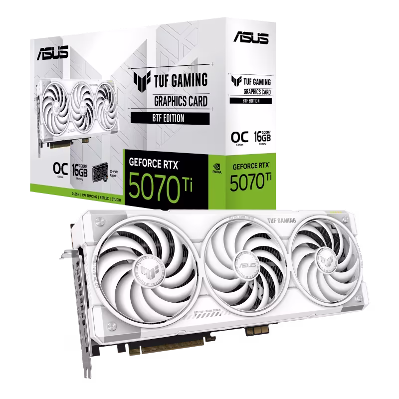 ASUS TUF Gaming NVIDIA GeForce RTX 5070 Ti 16GB GDDR7 BTF White OC Edition Graphics card, 28 Gbps 256-bit, 8960 CUDA Core, 1484 AI TOPs, PCI E 5.0 | 90YV0N60-M0NA00 – Buy Online