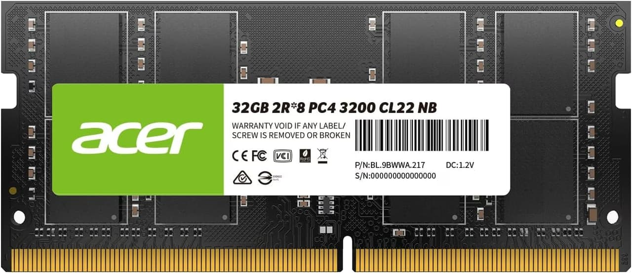 Acer SD100 32GB DDR4 3200MHz SODIMM Laptop RAM, PC4-25600 CL22 1.2V 260-Pin, High-Performance Memory Upgrade for Intel & AMD Laptops | BL.9BWWA.217 – Buy Online