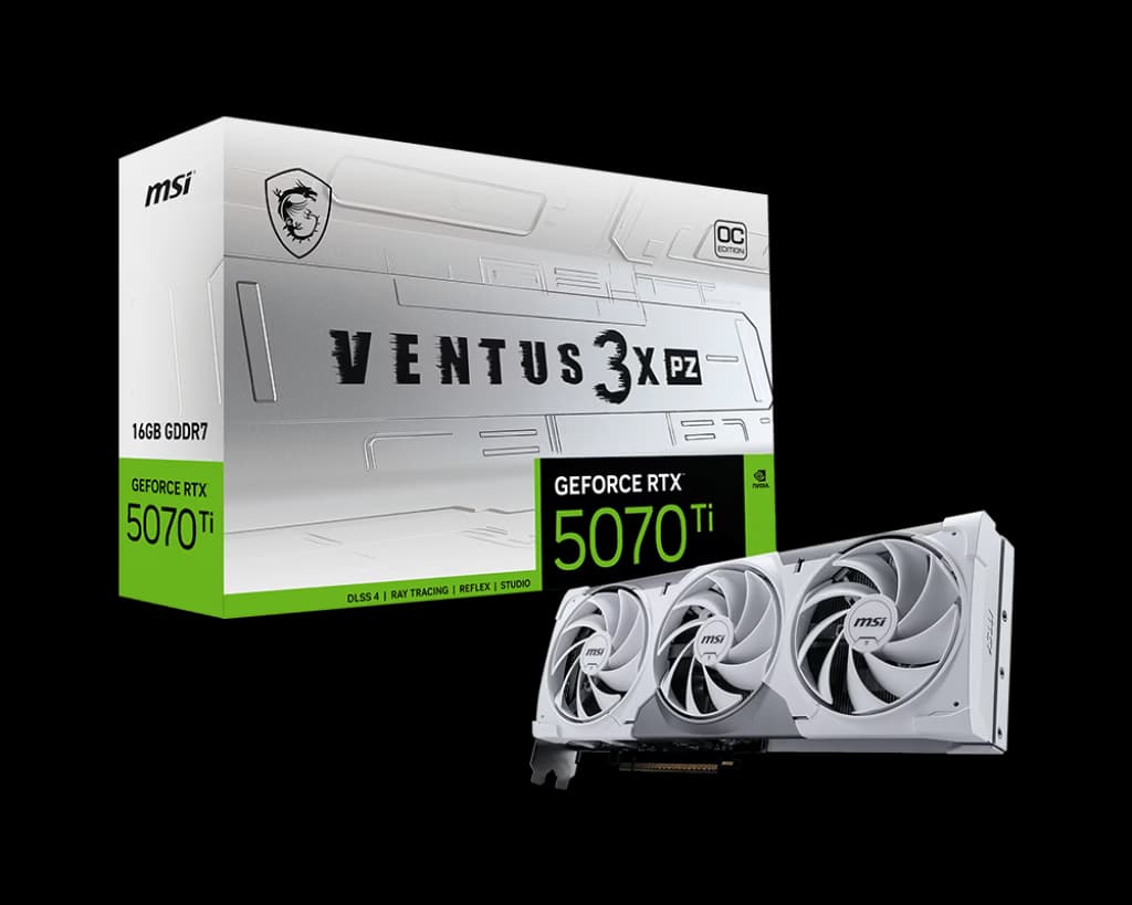 MSI GeForce RTX 5070 Ti 16G VENTUS 3X PZ OC White Graphics Card, 16GB GDDR7, 8960 CUDA Cores, PCIe 5.0, Zero-Trace Power Path, 303mm SFF-Ready | 912-V531-636 – Buy Online