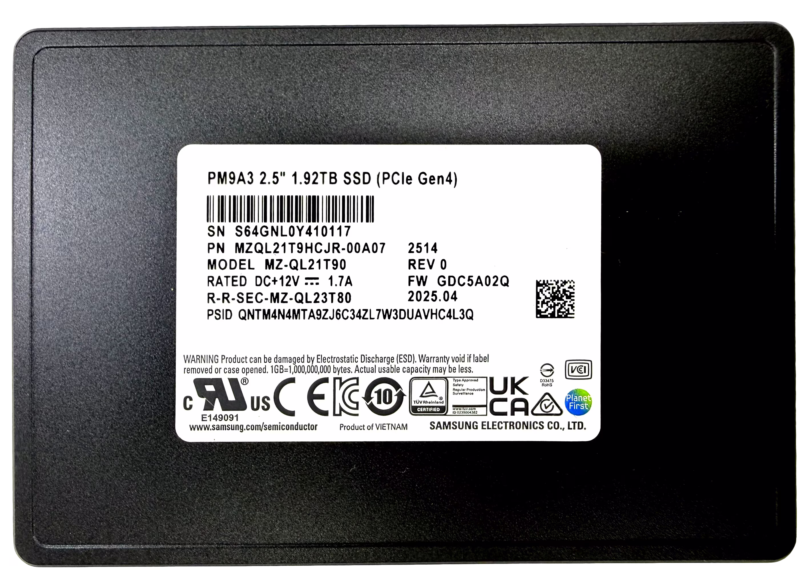 Samsung PM9A3 1.92TB NVMe Data Center SSD, PCIe Gen4 x4, 2.5" 7mm, 6800 MB/s Read, OEM Tray Version | MZQL21T9HCJR-00A07 – Buy Online