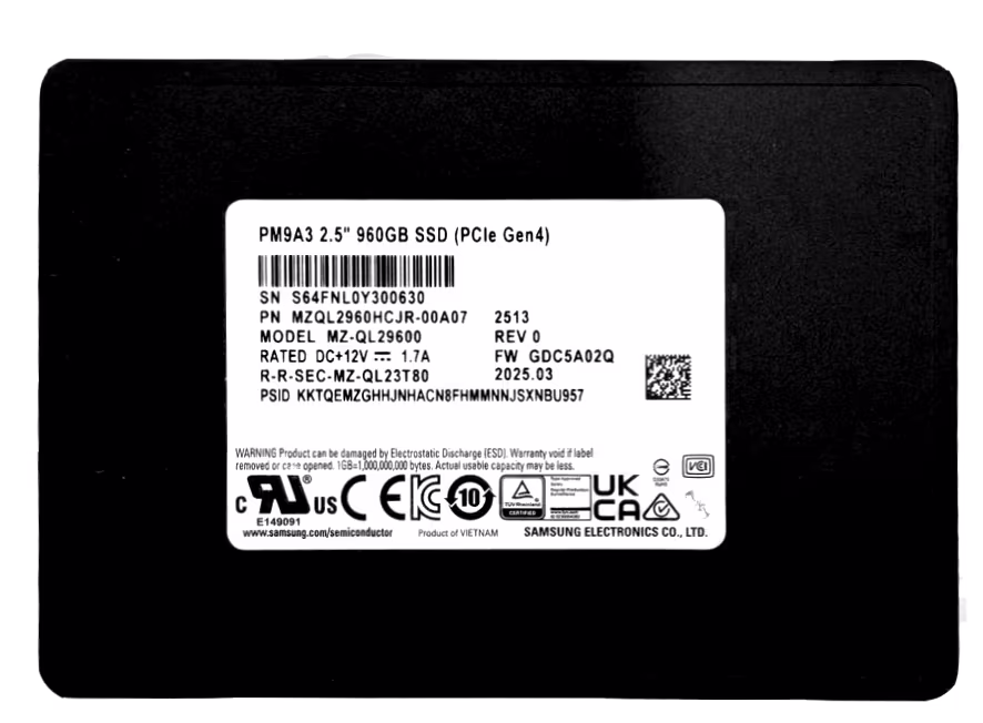 Samsung PM9A3 960GB NVMe Data Center SSD, PCIe Gen4 x4, 2.5" 7mm, 6,800 MB/s Read, OEM Tray Version | MZQL2960HCJR-00A07 – Buy Online