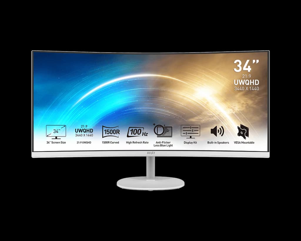 MSI PRO MP341CQW 34-inch Business Productivity White Curved Monitor, 2K 3440 x 1440 (UWQHD) VA Panel, 100Hz, 4ms (GTG Min.) / 1ms MPRT, 1500R, 2x Inbuilt Speaker, HDMI, DP | – Buy Online