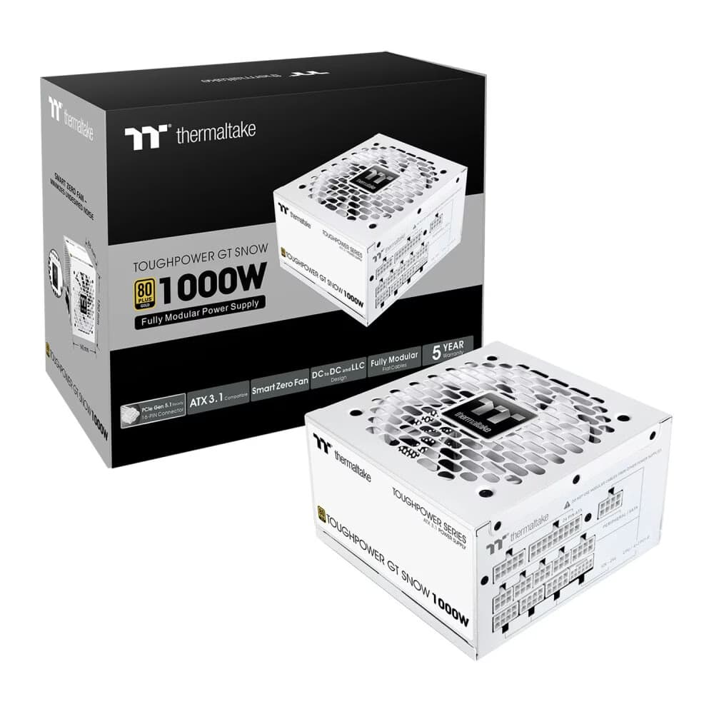 Thermaltake Toughpower GT Snow 1000W White Power Supply, ATX 3.1, 80+ Gold, Fully Modular, PCIe 5.1 Ready, 12V-2x6 Connector, White | PS-TPT-1000FNFAGK-W – Buy Online