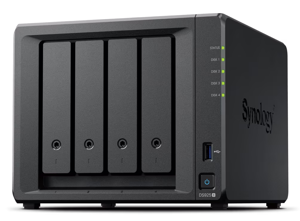 Synology DiskStation DS925+ 4-Bay NAS Enclosure, AMD Ryzen V1500B 2.2 GHz 2.2 GHz, 4GB DDR4 ECC SODIMM Upto 32 GB (16 GB x 2), 4x Drive Bays, 2x NVMe M.2 Slots, RJ-45, USB 3.2, USB Type-C – Buy Online
